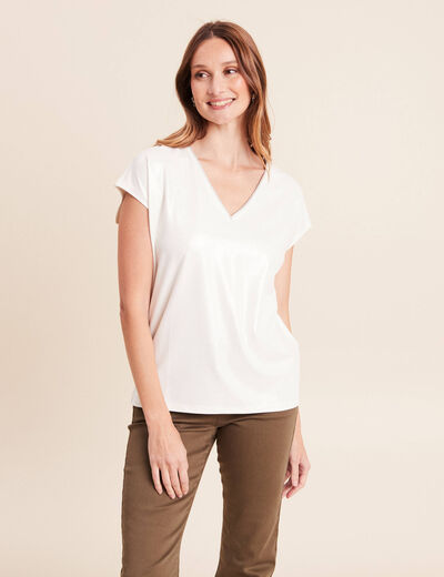 T-shirt col V manches courtes ecru femme