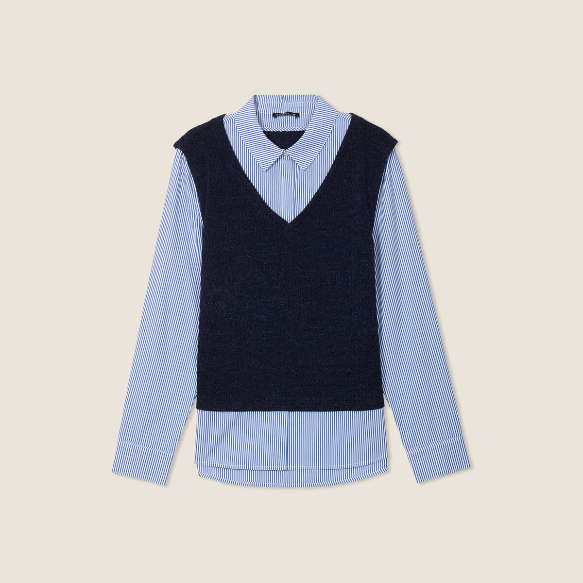 Pull effet 2-en-1 chemise bleu foncé femme