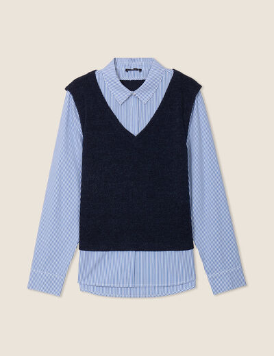 Pull effet 2-en-1 chemise bleu fonc&eacute; femme