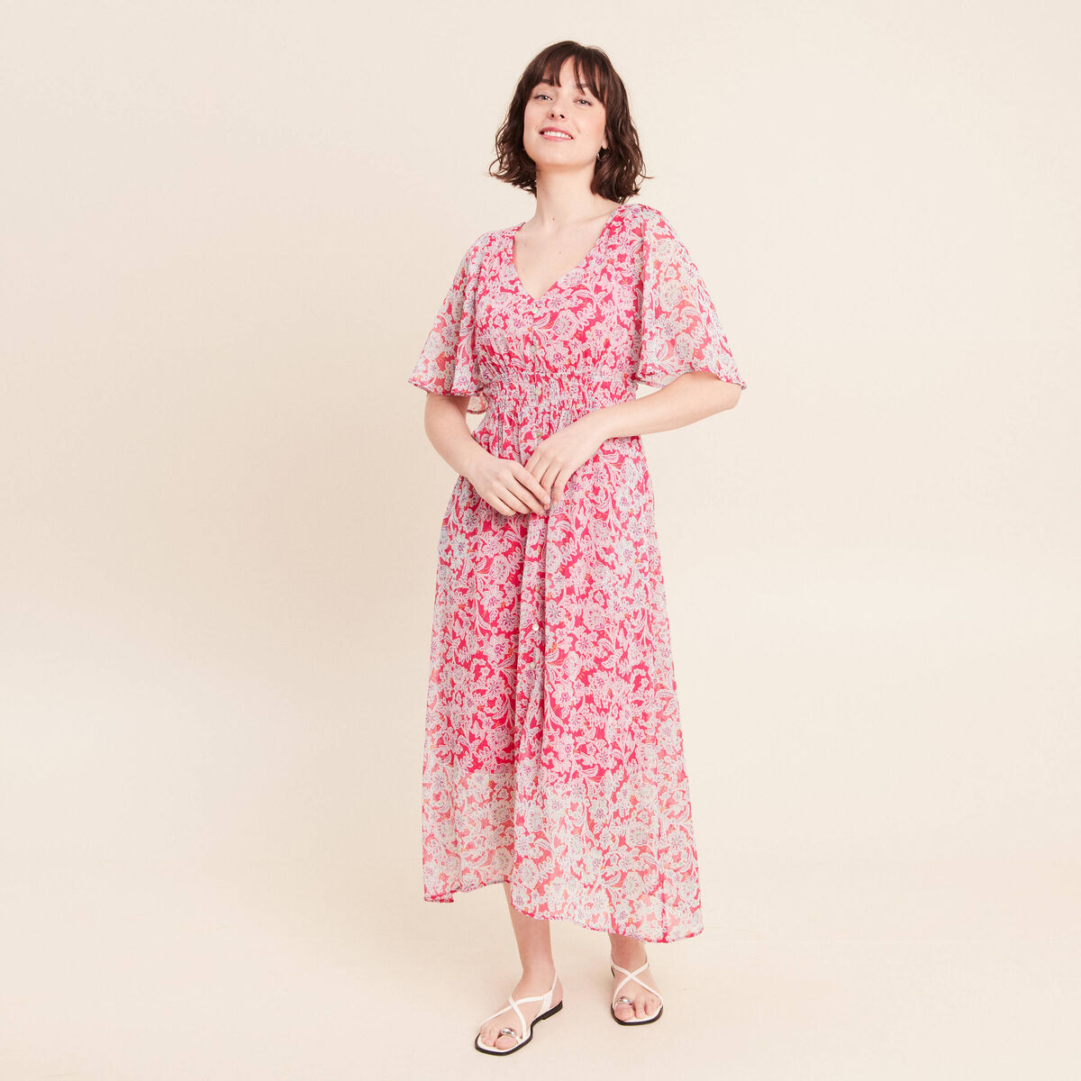 Robe longue &eacute;vas&eacute;e col v manches coudes rose femme