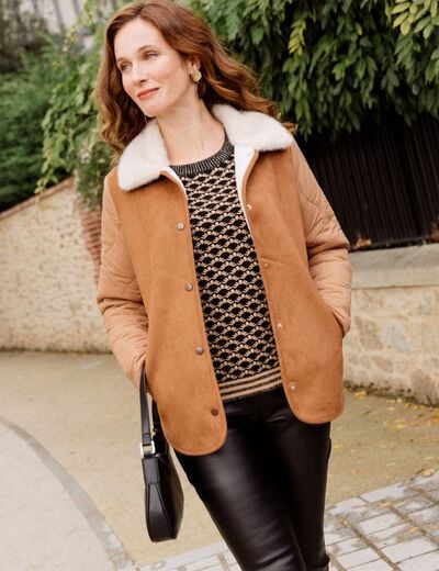 Blouson suédine boutonné camel femme
