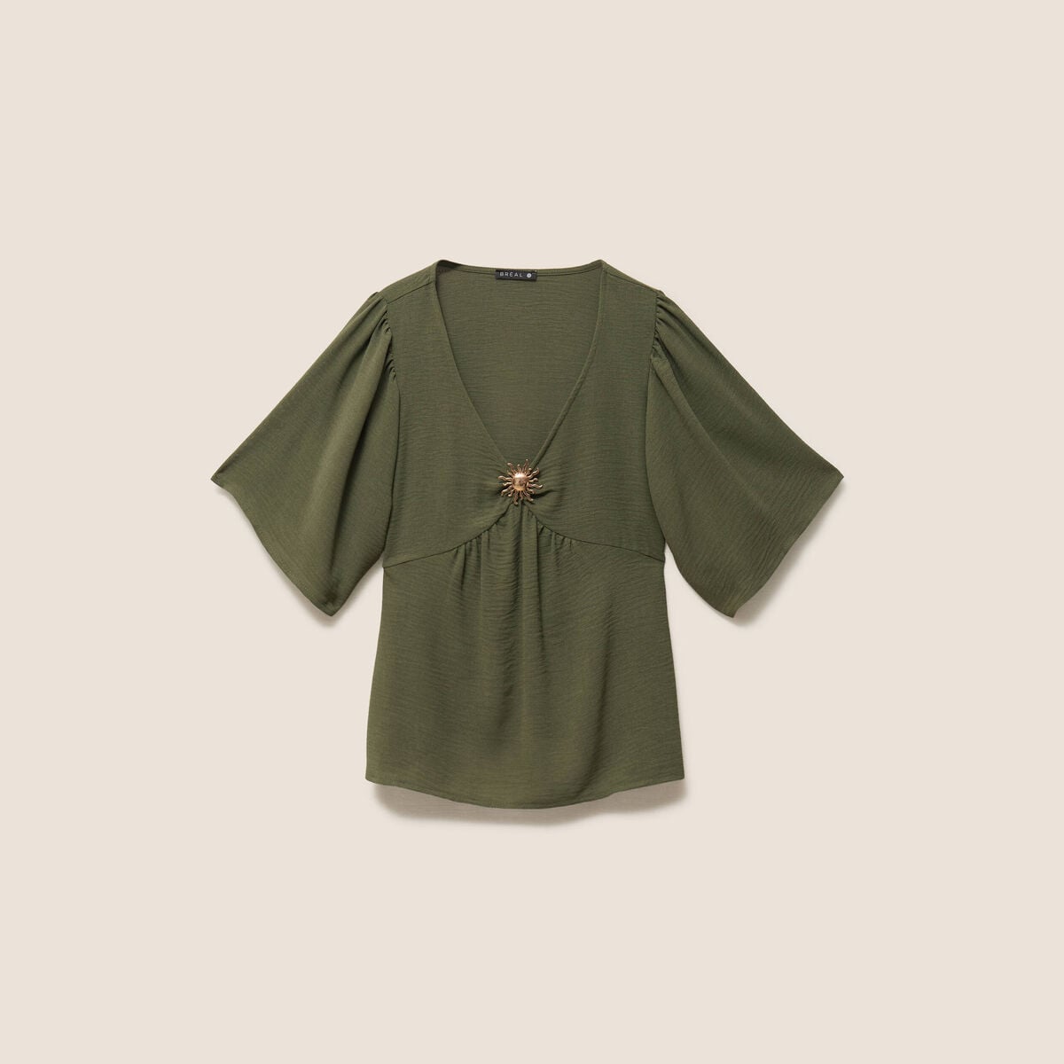 Blouse ample col v manches courtes vert kaki femme