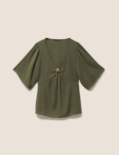 Blouse ample col v manches courtes vert kaki femme