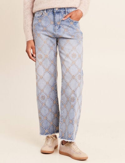Jean taille haute avec broderie blanc femme