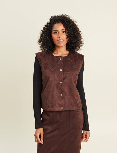 Veste sans manches doubl&eacute;e marron fonc&eacute; femme