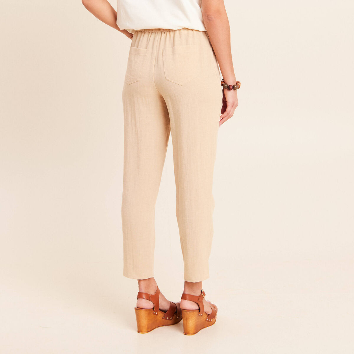 Pantalon mom 7/8&egrave;me en coton beige femme