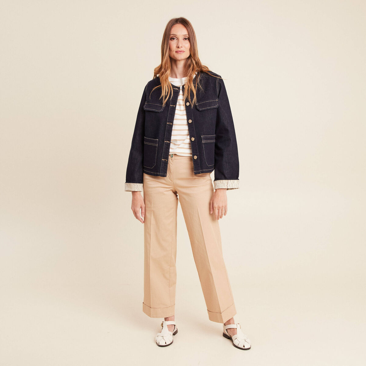 Veste sans col denim brut femme