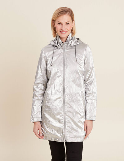 Parka métallisée à capuche gris argent femme