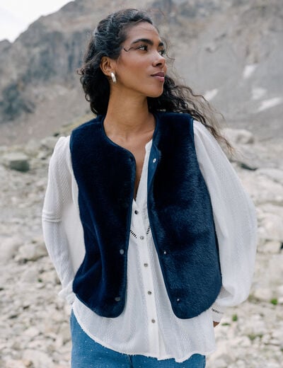 Gilet droit sans manches fausse fourrure bleu fonc&eacute; femme