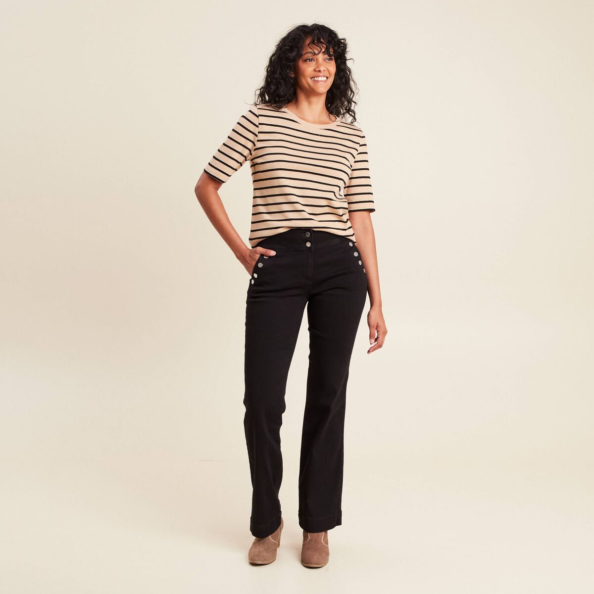 Pantalon coupe bootcut &agrave; pont noir femme