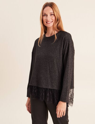 Pull col rond manches longues dentelle gris fonc&eacute; femme