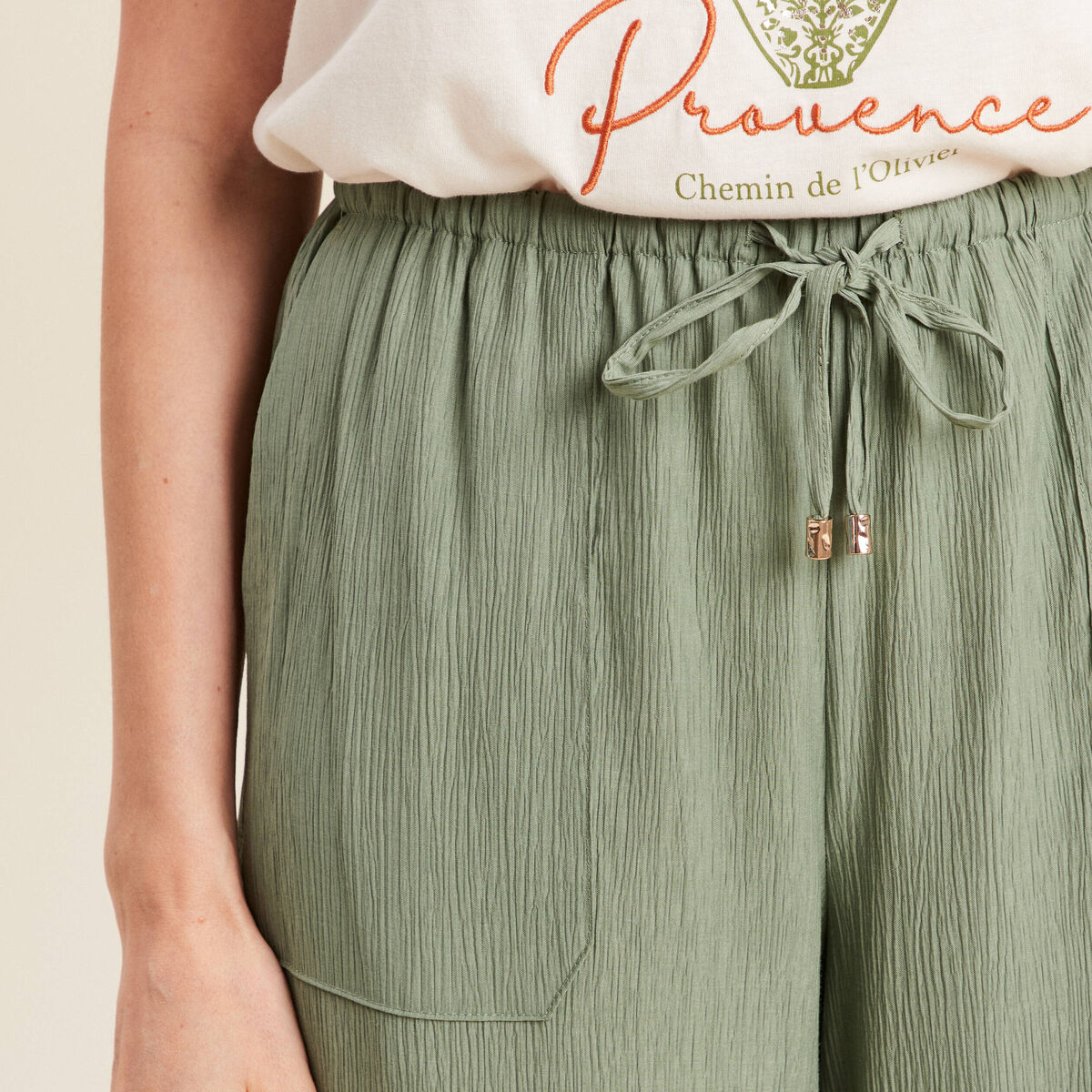 Pantalon large fluide vert kaki femme
