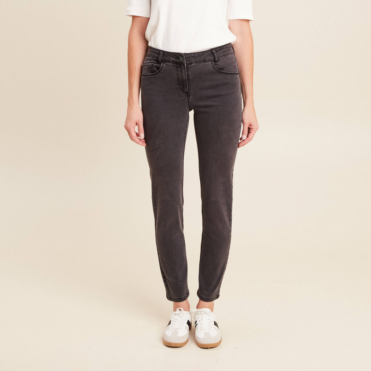 Jean ajusté taille basculée denim gris femme