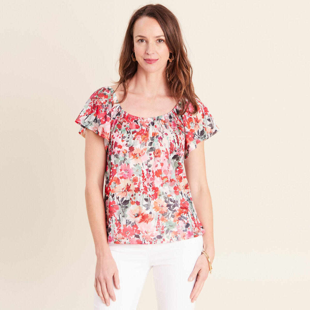 Blouse droite col rond manches courtes multicolore femme
