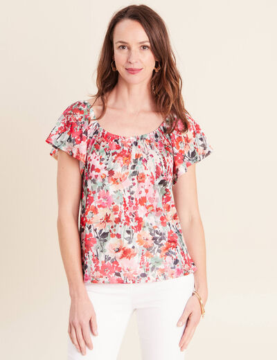 Blouse droite col rond manches courtes multicolore femme