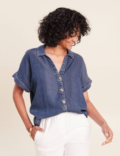 Chemise col chemise manches courtes denim double stone femme