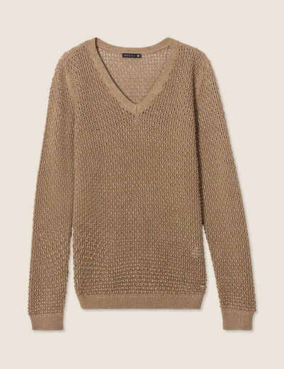 Pull manches longues col en V taupe femme