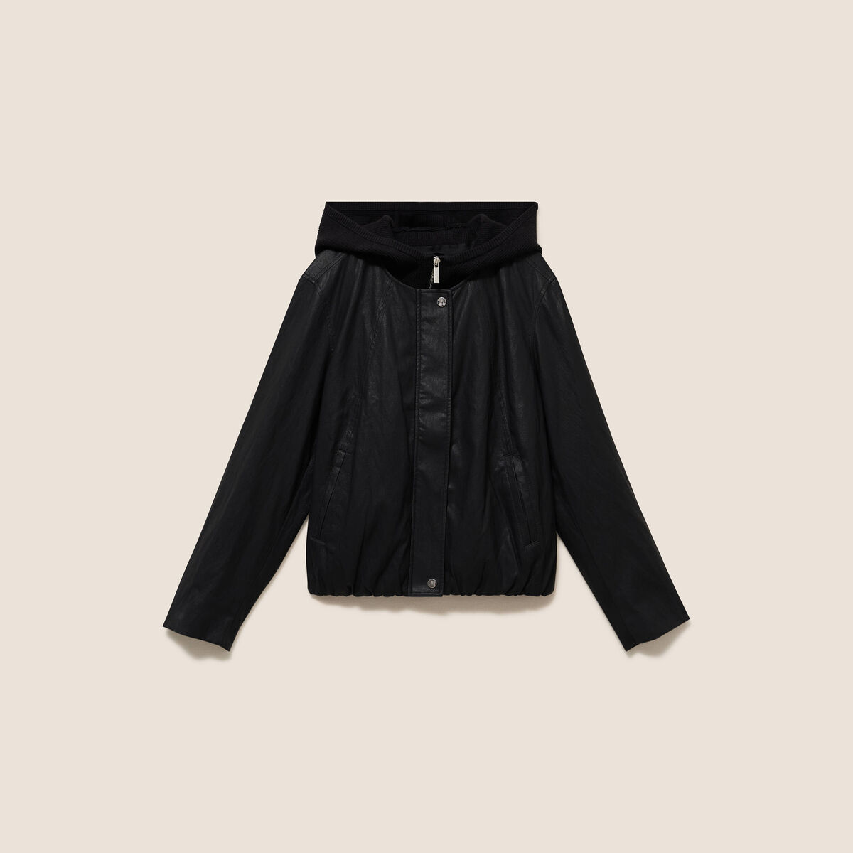 Blouson capuche bas resserr&eacute; similicuir noir femme