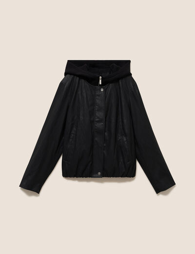Blouson capuche bas resserr&eacute; similicuir noir femme