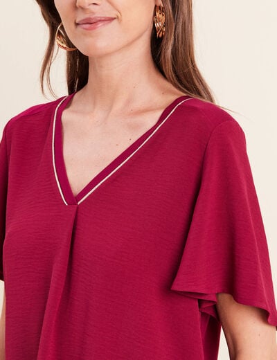 T-shirt bi-mati&egrave;re manches courtes rouge fonc&eacute; femme