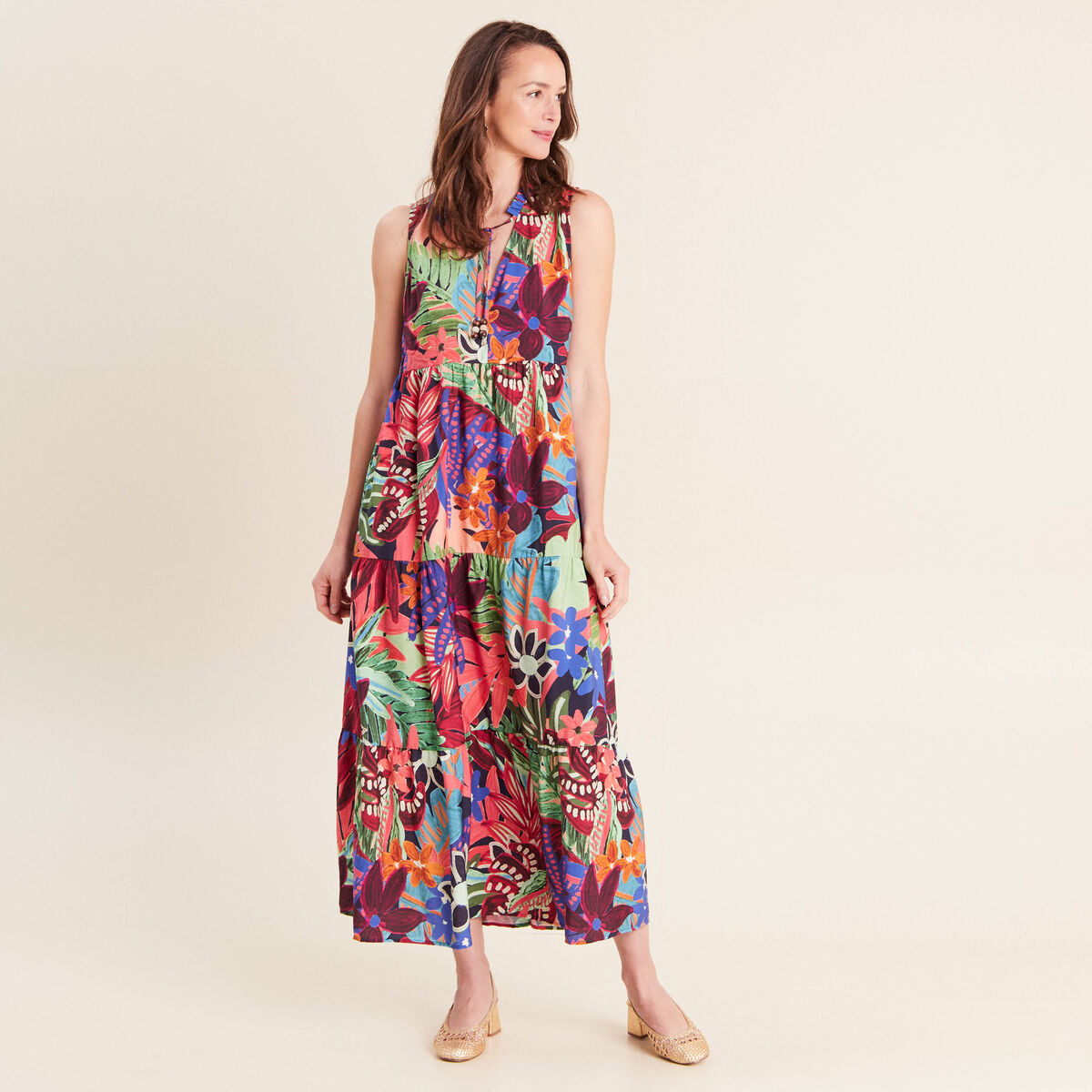 Robe longue &eacute;vas&eacute;e sans manches multicolore femme