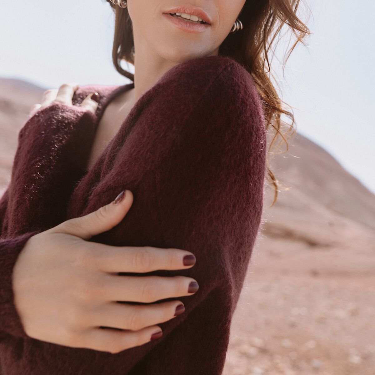 Pull col v bordeaux femme