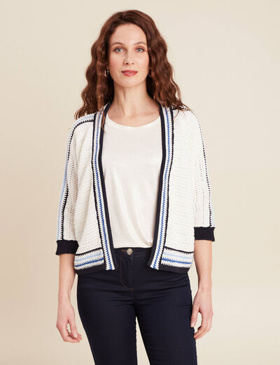 Gilet manches 3/4 ajouré ecru femme