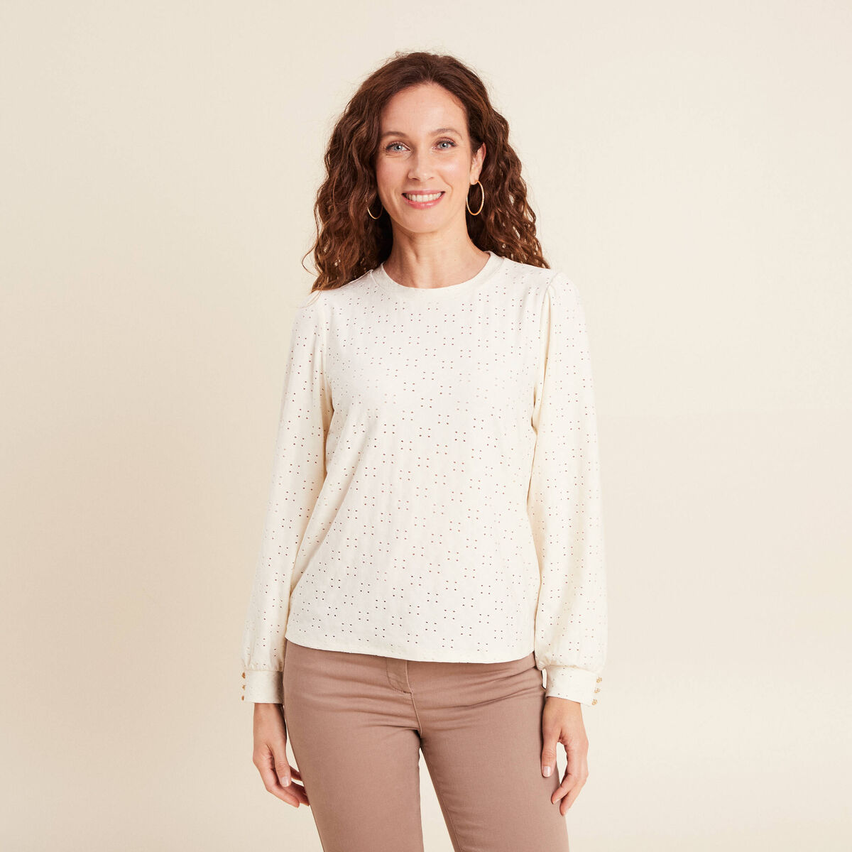 Top dentelle col rond manches longues ecru femme
