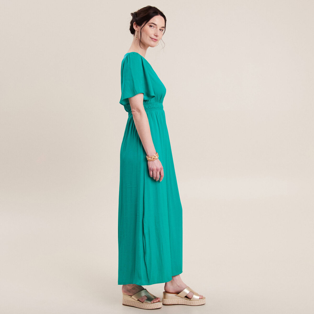 Robe longue &eacute;vas&eacute;e satin bleu turquoise femme