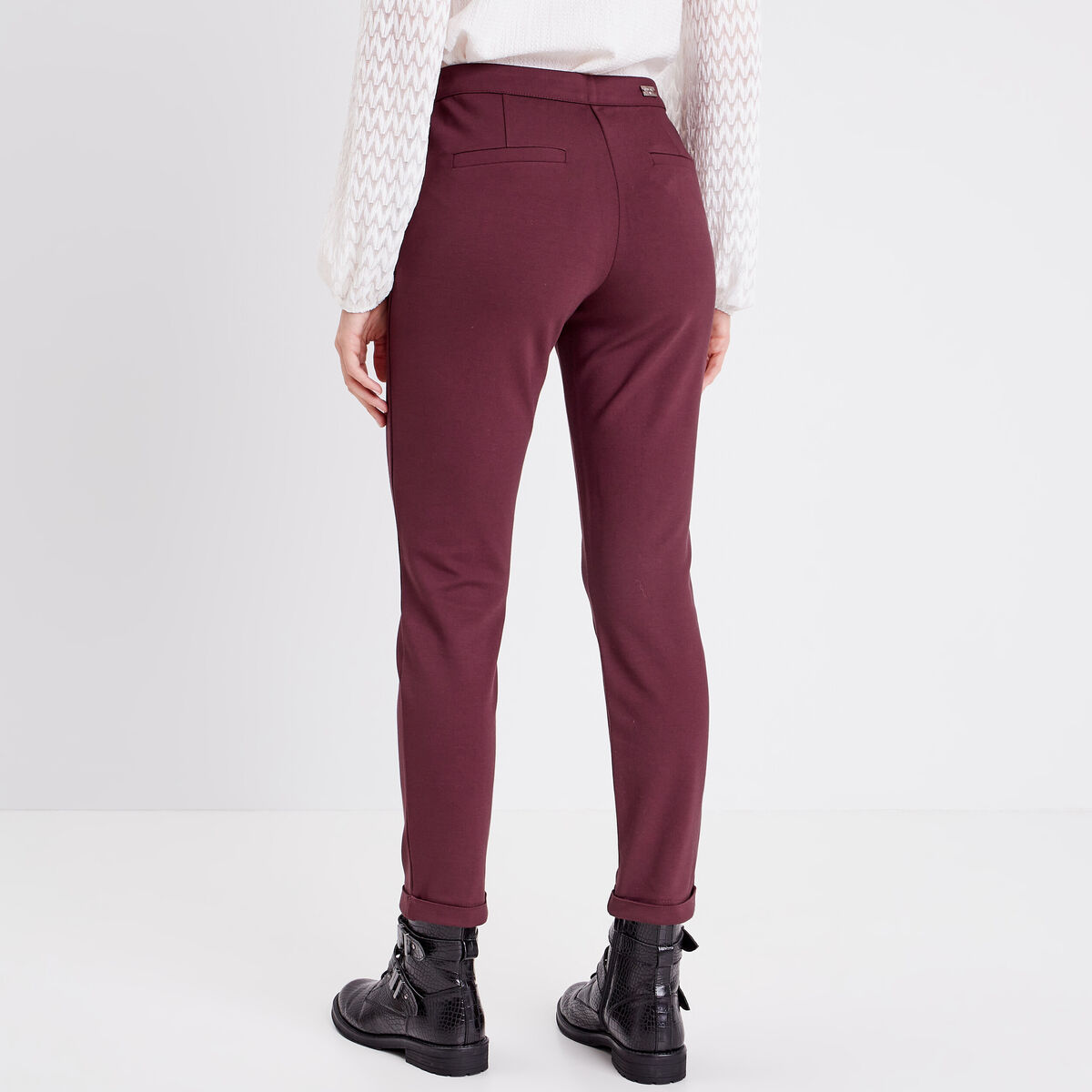 Pantalon ajusté taille basculée bordeaux femme