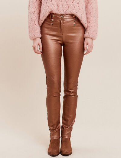Pantalon ajusté enduit à pont camel femme