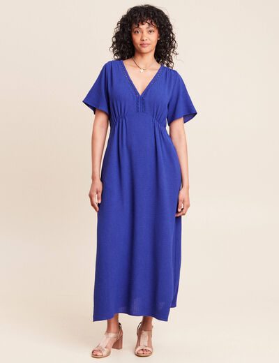 Robe longue &eacute;vas&eacute;e col v manches coudes bleu fonc&eacute; femme