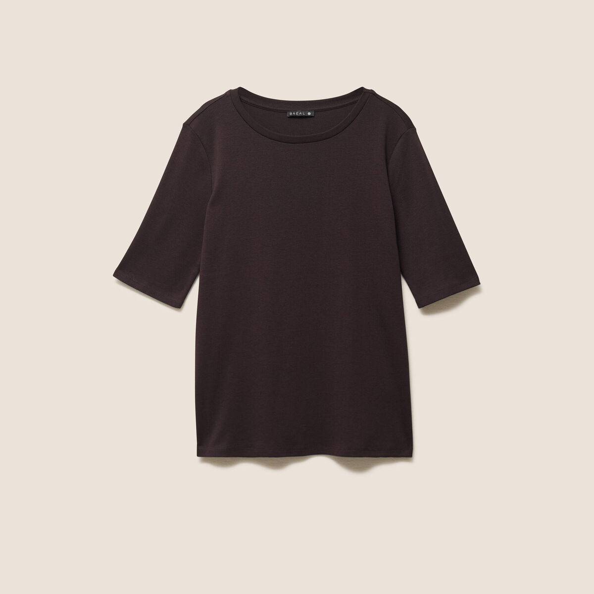 T-shirt ajust&eacute; col rond manches coudes marron fonc&eacute; femme