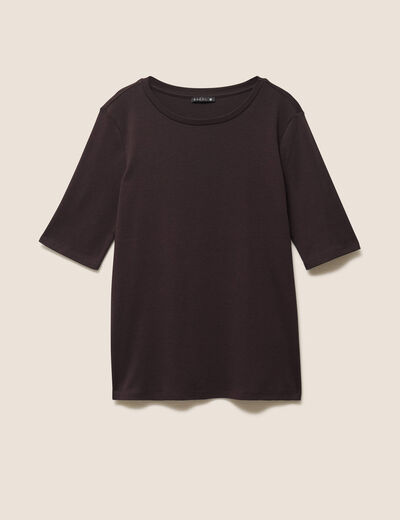T-shirt ajust&eacute; col rond manches coudes marron fonc&eacute; femme