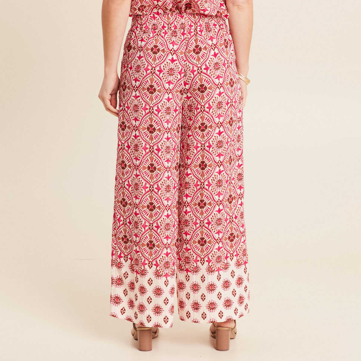 Pantalon large taille haute rose femme