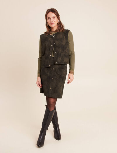 Veste sans manches aspect daim doubl&eacute;e vert kaki femme