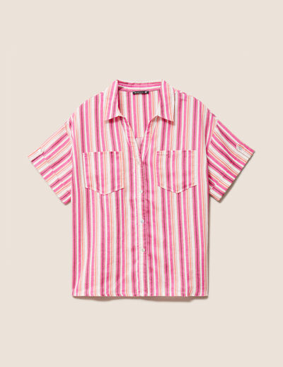 Chemise ample manches courtes aspect lin rose femme