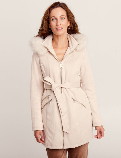 Manteau cintré suédine capuche beige femme