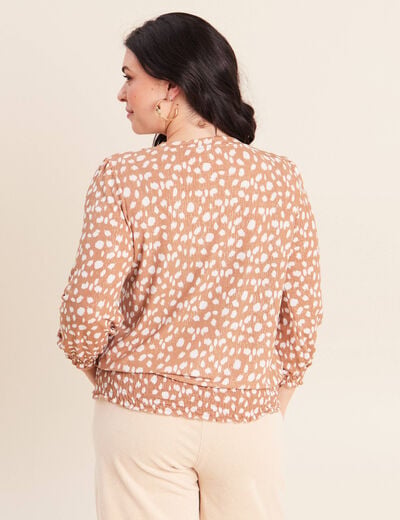 T-shirt col rond manches 3/4 marron femme