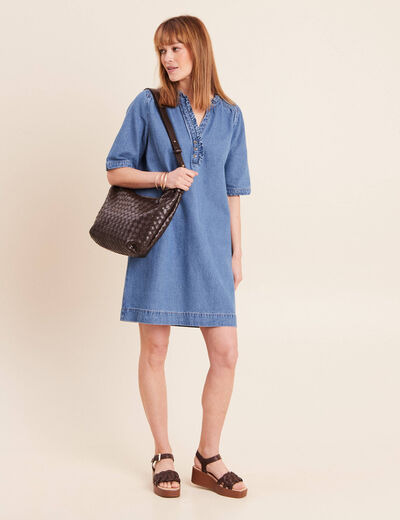 Robe courte &eacute;vas&eacute;e jean col montant denim double stone femme