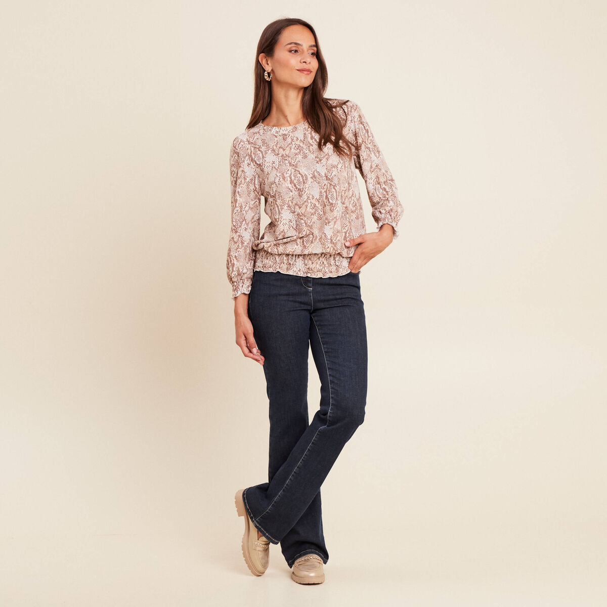 T-shirt col rond manches 3/4 beige femme
