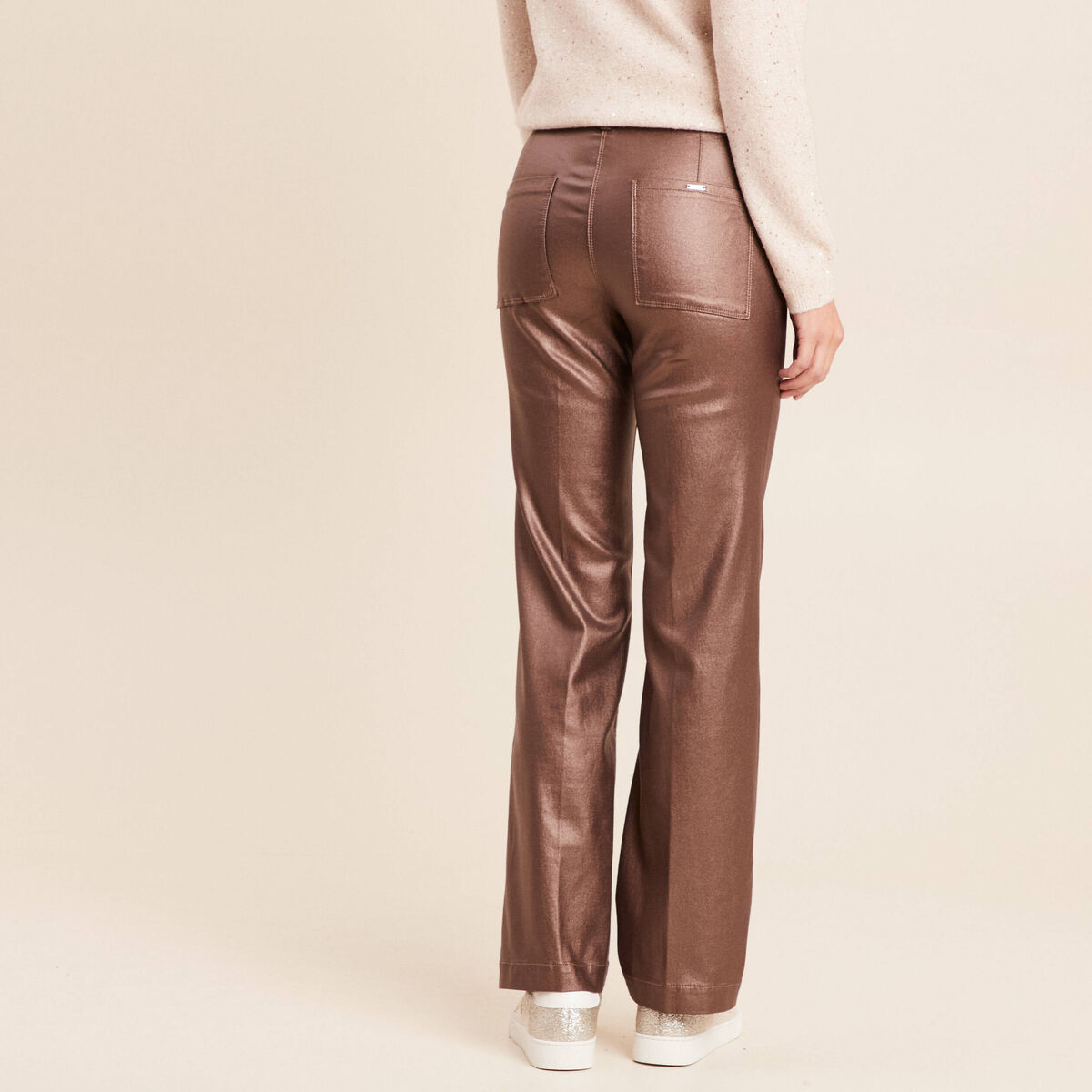 Pantalon enduit coupe large marron fonc&eacute; femme