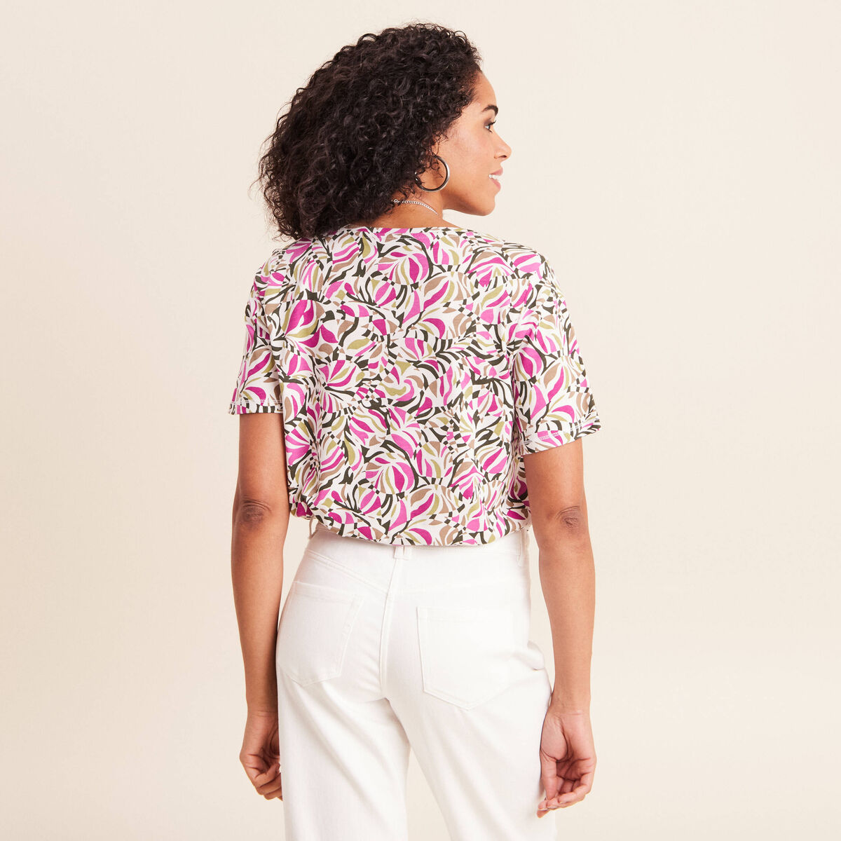 T-shirt col V manches courtes vert kaki femme