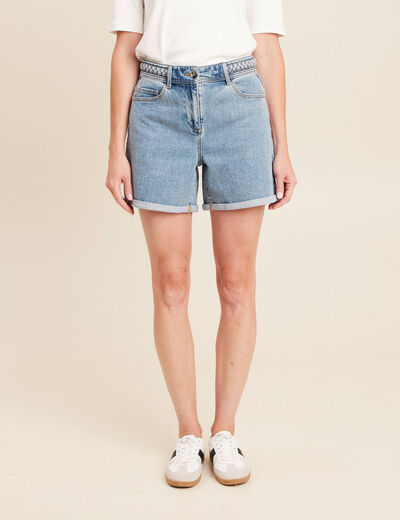 Short large taille haute en jean denim double stone femme