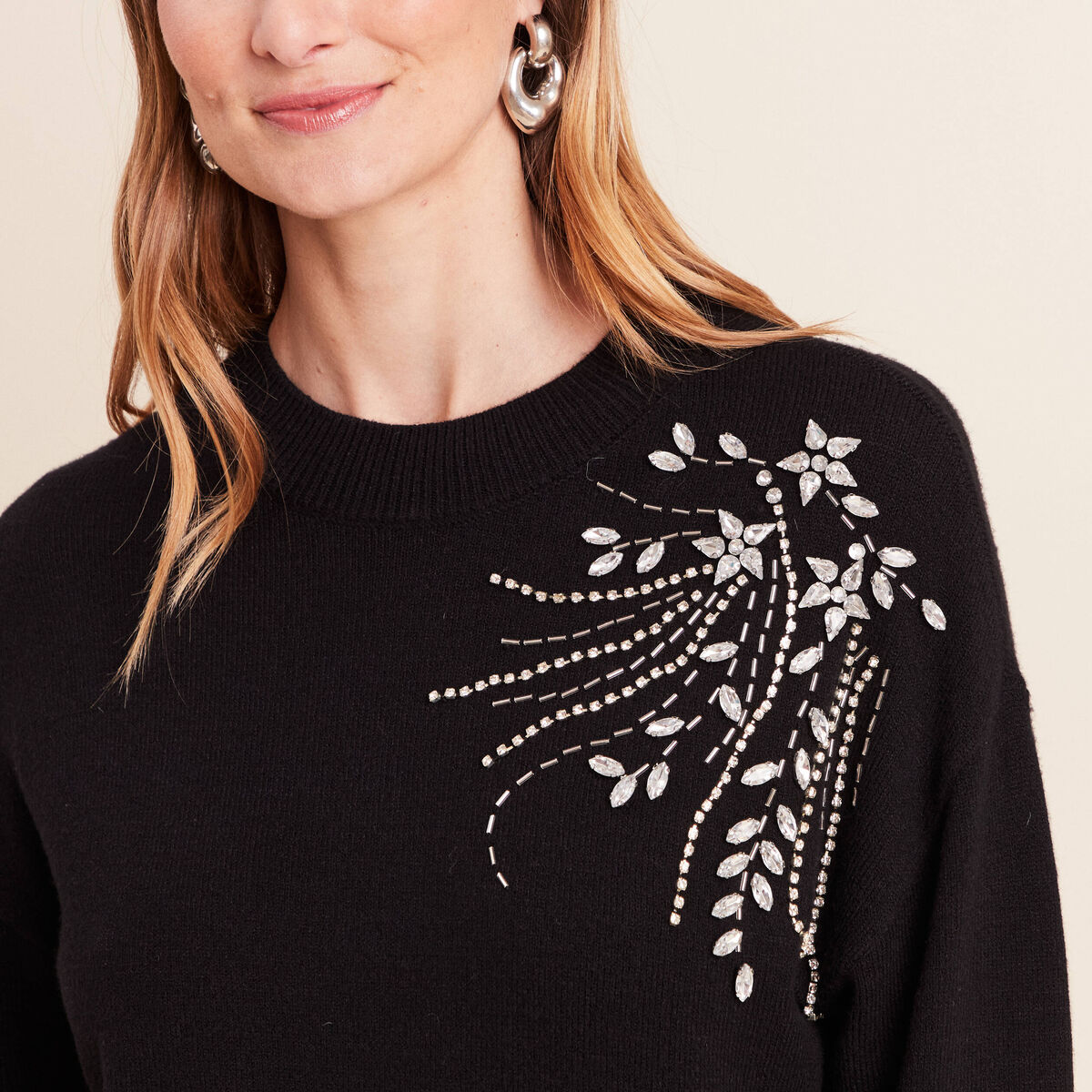 Pull col montant manches longues strass noir femme