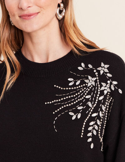Pull col montant manches longues strass noir femme