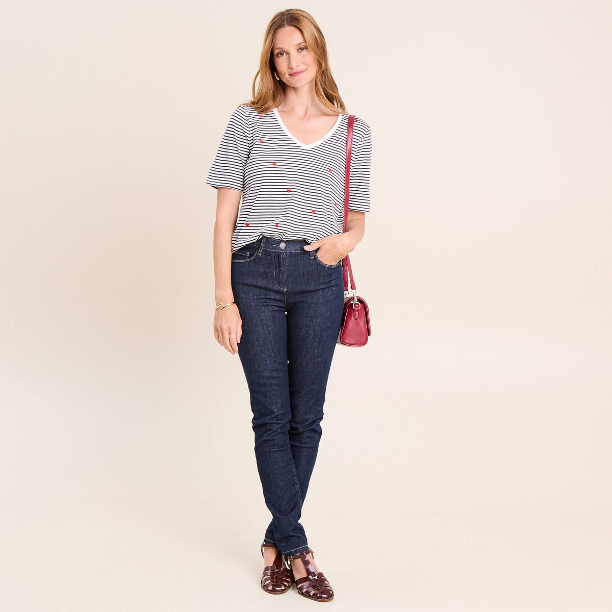 T-shirt droit broderie manches courtes bleu femme
