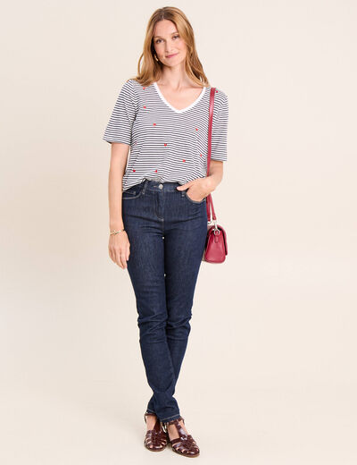 T-shirt droit broderie manches courtes bleu femme
