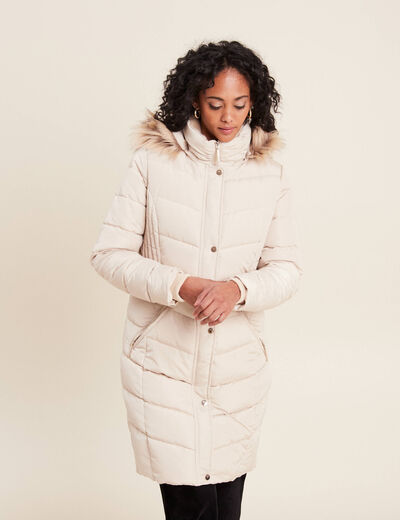 Doudoune déperlante longue à capuche beige femme