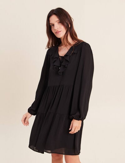 Robe courte &eacute;vas&eacute;e col v manches longues noir femme